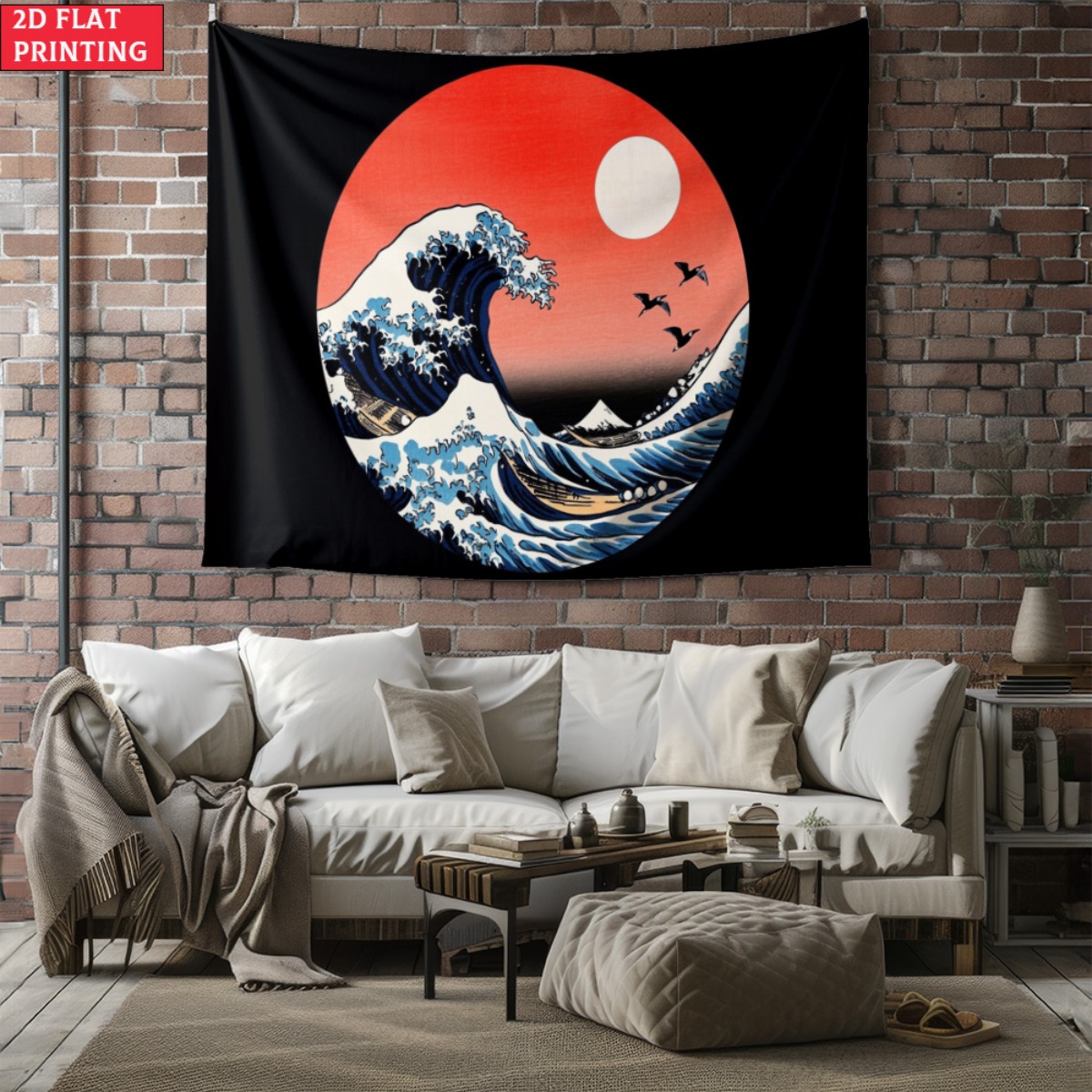 Interior Design Zen Style - 프레임 없는 일본 파도 일몰 태피스트리