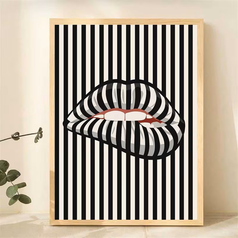 간단하고 추상적인 줄무늬 입술 모양의 캔버스 포스터 아 - Interior Design Modern 리뷰 및 가격
